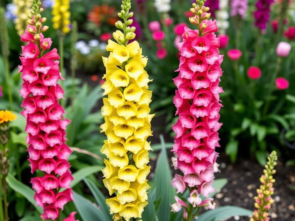 Tall spikes of colorful snapdragon flowers in pink, yellow and white growing in a garden Tall spikes of colorful snapdragon flowers in pink, yellow and white growing in a garden