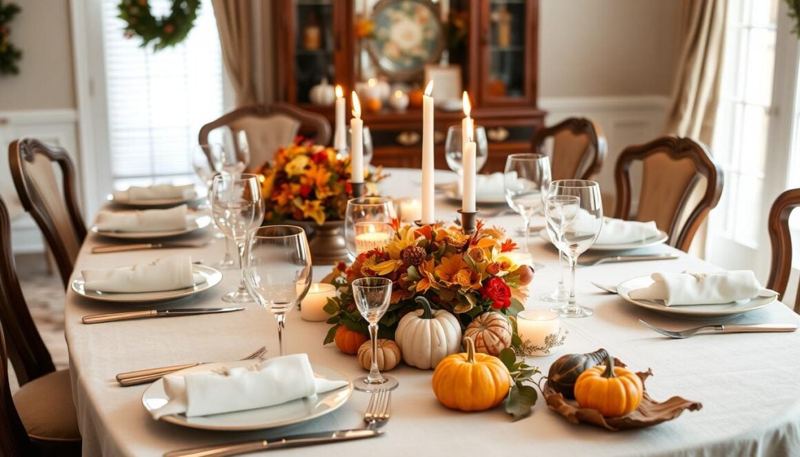 Thanksgiving table setting with place cards and decorations Thanksgiving table setting with place cards and decorations