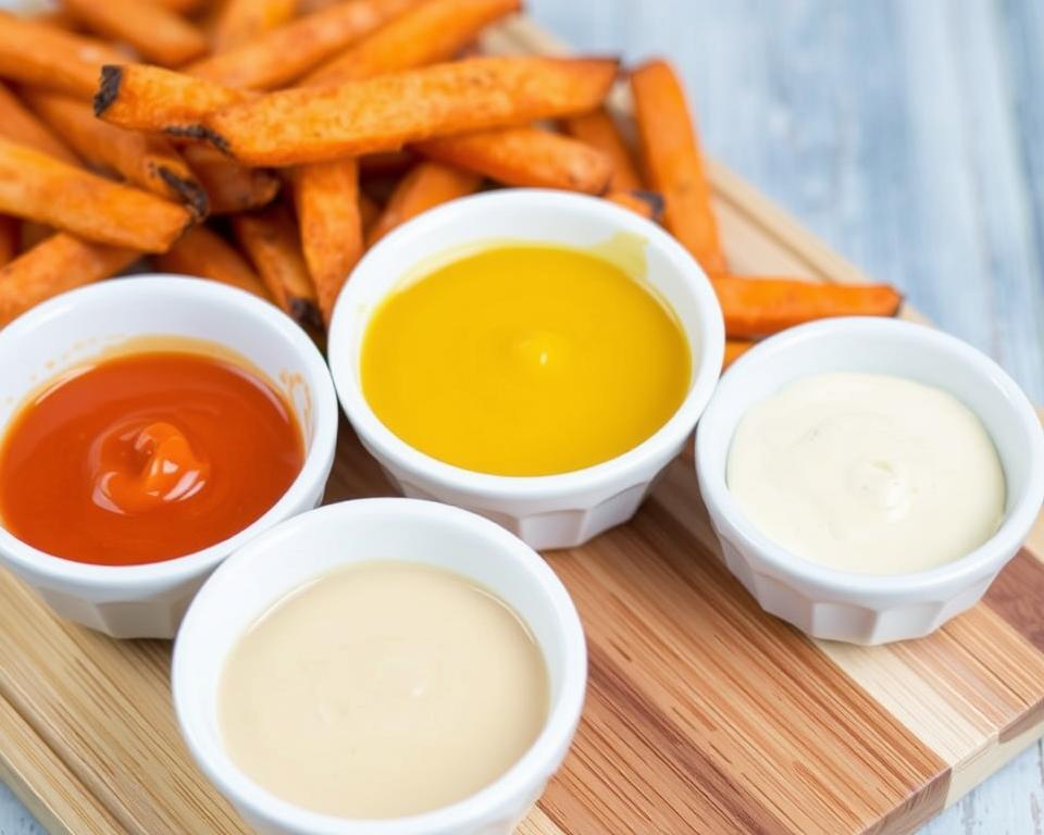Three dipping sauces in small bowls next to sweet potato fries