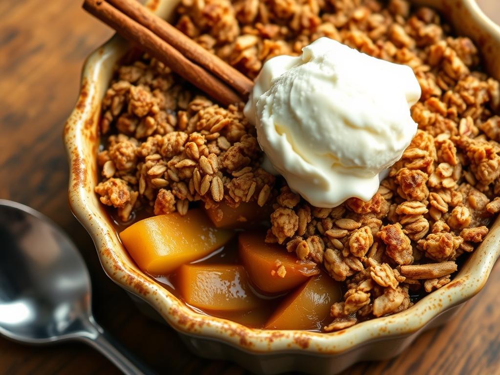 Warm apple crisp with oat topping and vanilla ice cream Warm apple crisp with oat topping and vanilla ice cream