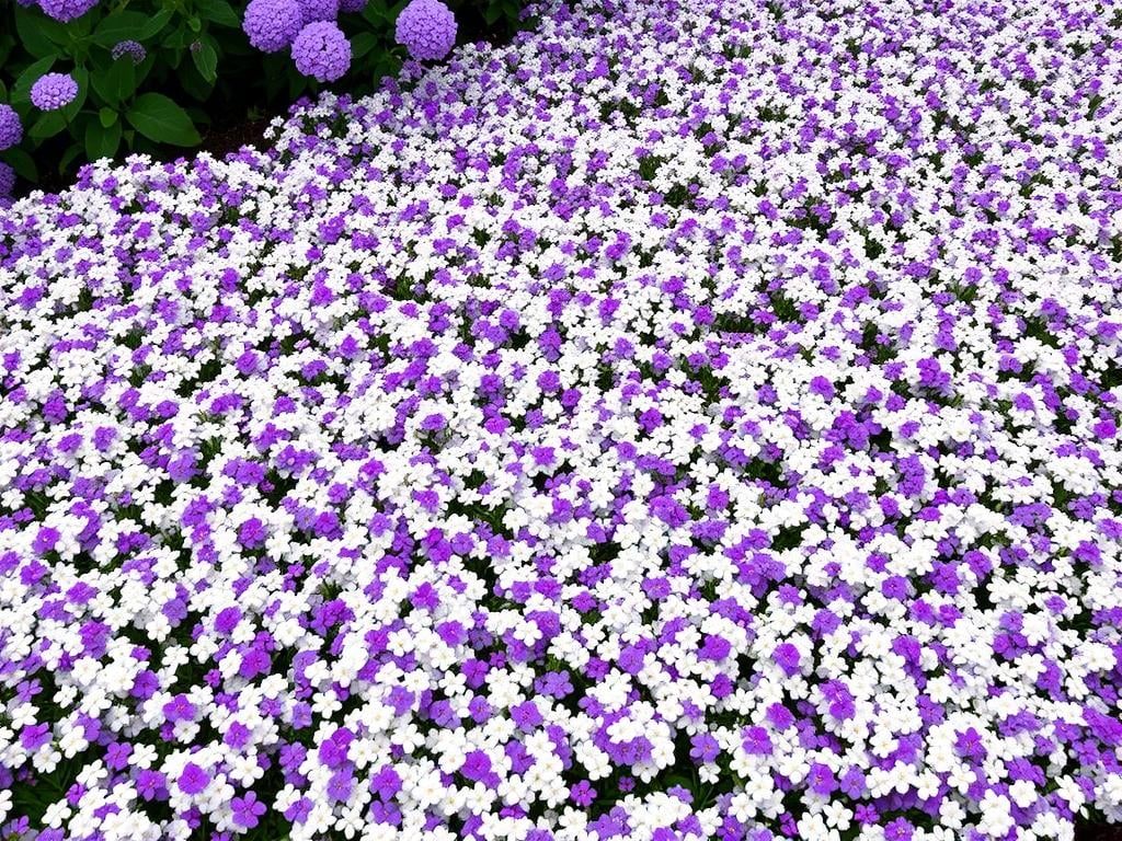 White and purple sweet alyssum flowers creating a carpet-like ground cover in a garden White and purple sweet alyssum flowers creating a carpet-like ground cover in a garden
