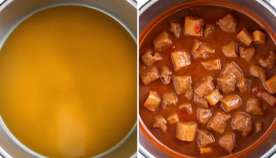 Before and after images of thickening Keto Beef Stew with xanthan gum