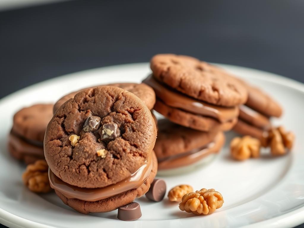 Chocolate walnut sandwich cookies with creamy filling