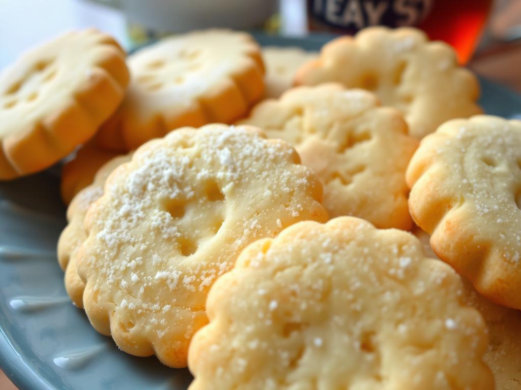 Golden buttery shortbread cookies with sugar sprinkles