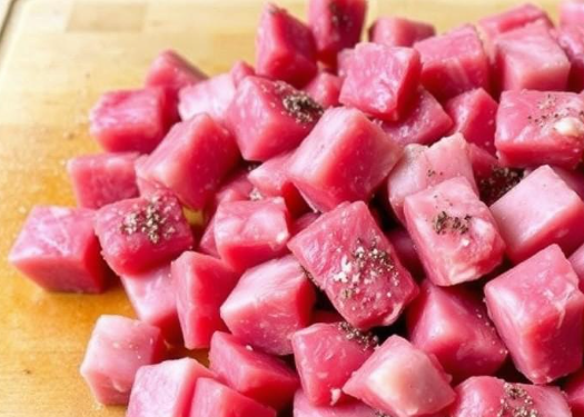 Cubed beef chuck roast seasoned with salt and pepper