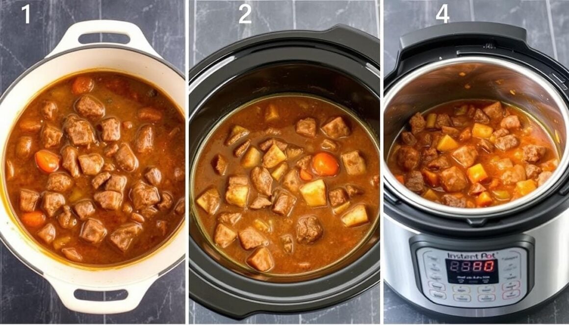 Three images showing Keto Beef Stew being prepared in different cooking methods: Dutch oven, slow cooker, and Instant Pot