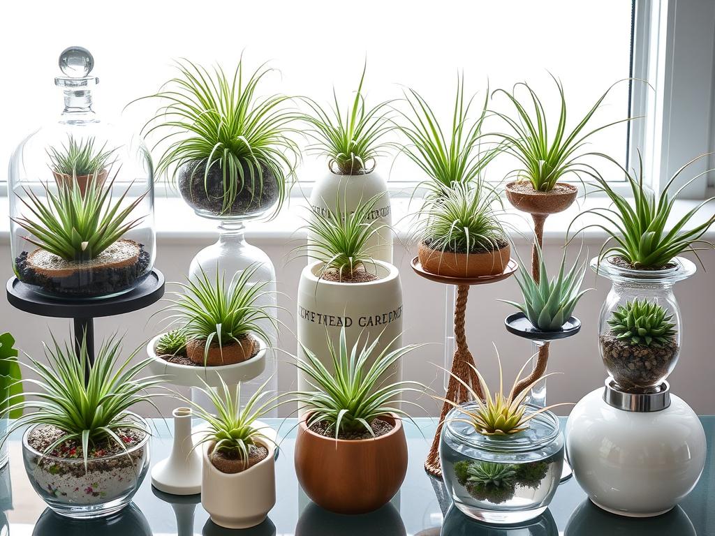 Various air plants displayed in glass terrariums and on decorative stands, showing their versatility as carefree indoor plants for busy lives Various air plants displayed in glass terrariums and on decorative stands, showing their versatility as carefree indoor plants for busy lives