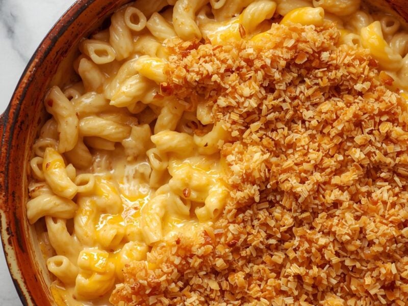 A baking dish of creamy mac and cheese with a golden, crispy breadcrumb topping