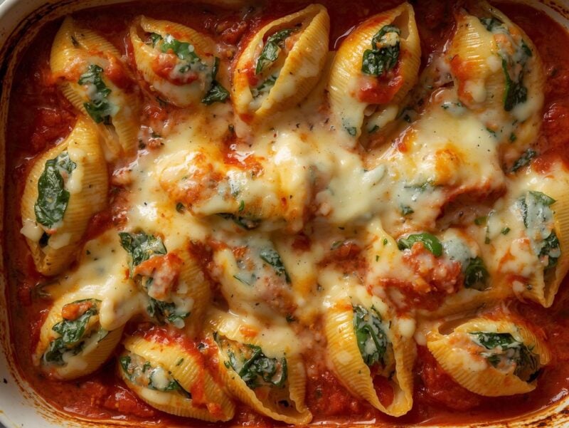 A baking dish of stuffed pasta shells filled with spinach and ricotta mixture, topped with marinara sauce and melted cheese