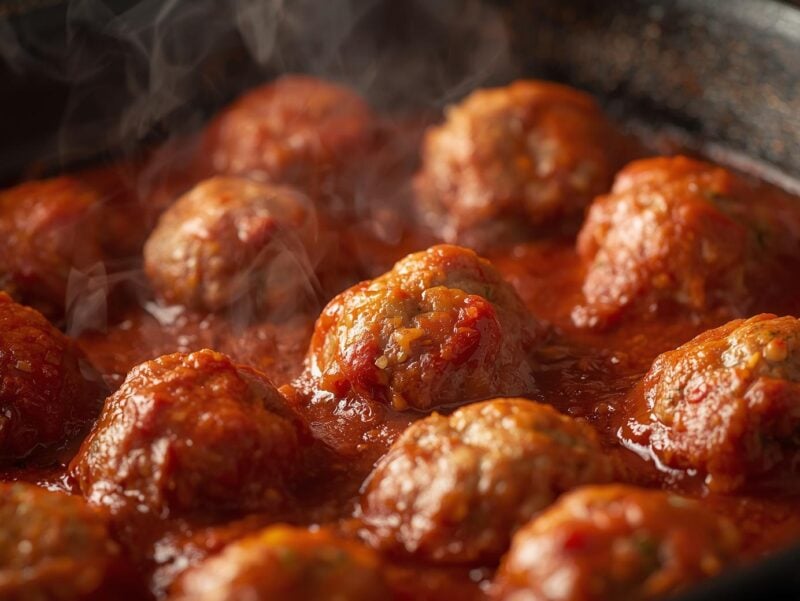 A batch of Italian meatballs in tomato sauce in a large skillet