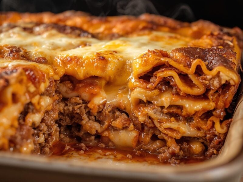 A freshly baked lasagna with layers of pasta, meat sauce, and cheese visible in the cut section