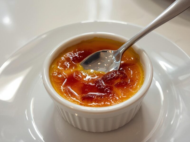 A perfect Crème Brûlée with caramelized sugar top and a spoon breaking through the surface