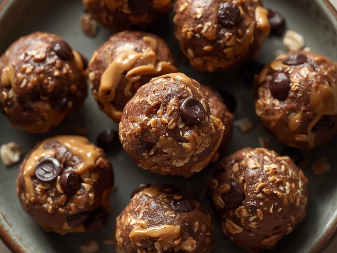 A plate of no-bake energy bites made with oats, peanut butter, and chocolate chips