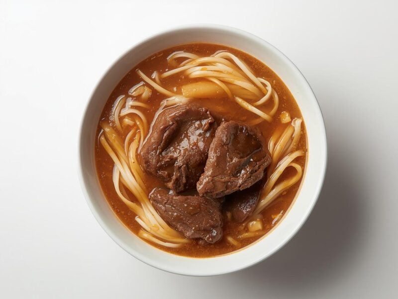 A rich bowl of Taiwanese beef noodle soup with tender beef chunks - one of the 15 Must-Try Asian Dishes