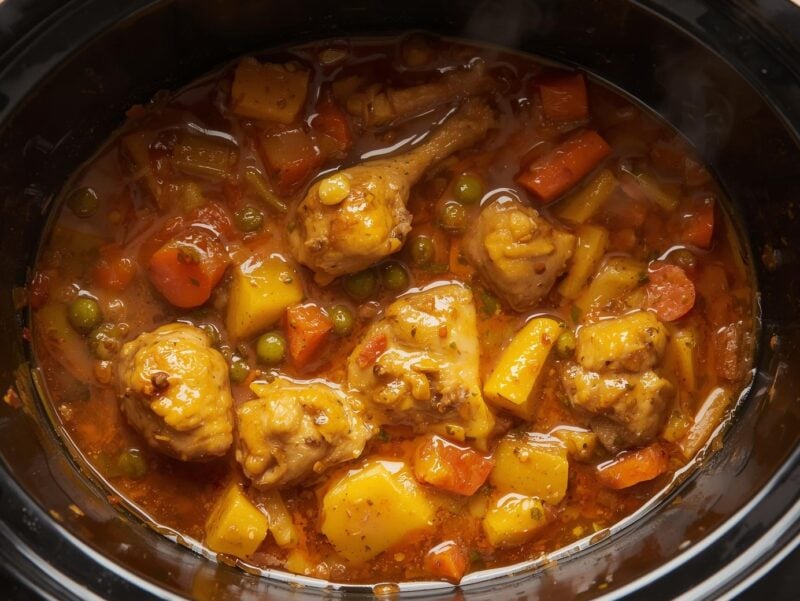 A slow cooker filled with chicken curry showing tender chicken pieces in rich sauce with vegetables