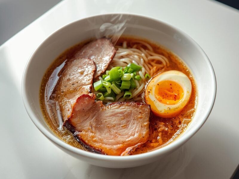 A steaming bowl of Japanese ramen with chashu pork, soft-boiled egg, and green onions - one of the 15 Must-Try Asian Dishes