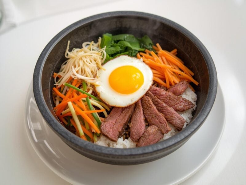 A traditional Korean bibimbap bowl with colorful vegetables, beef, and egg - one of the 15 Must-Try Asian Dishes