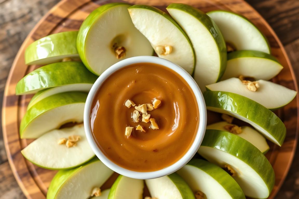 Apple slices with date caramel dip and chopped nuts