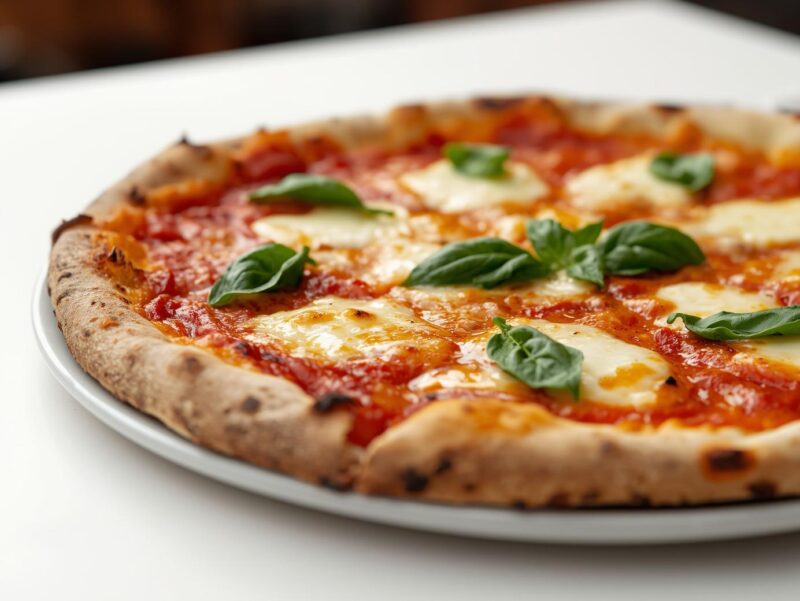 Authentic Margherita pizza with melted mozzarella, fresh basil leaves, and tomato sauce on a thin, charred crust