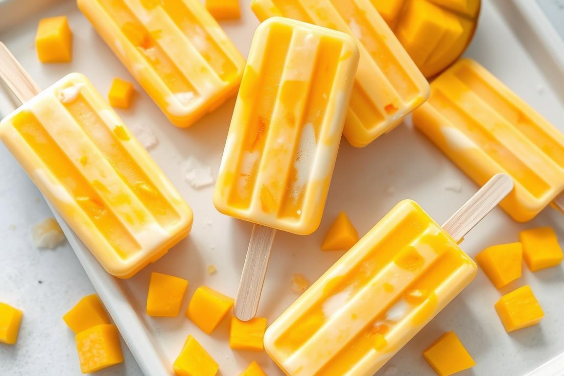 Bright yellow mango coconut popsicles on a tray with fresh mango pieces