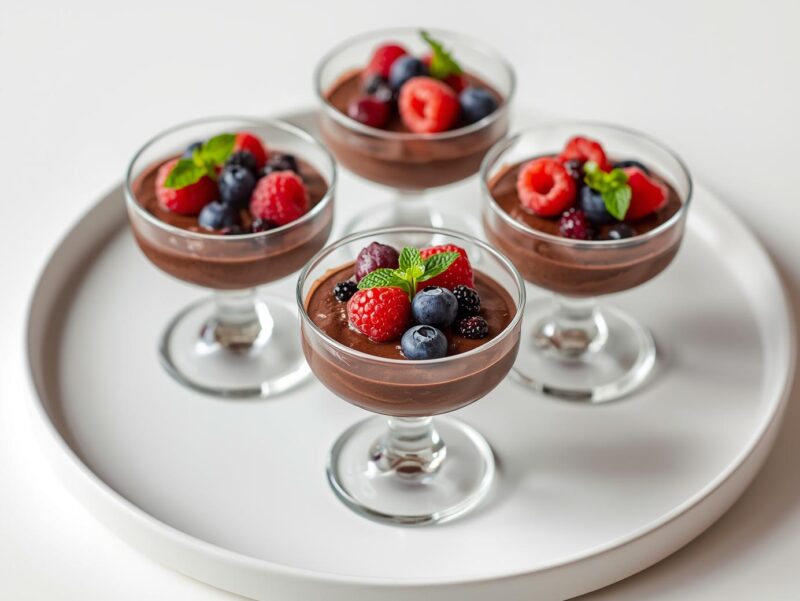 Chocolate avocado mousse in glass cups topped with berries