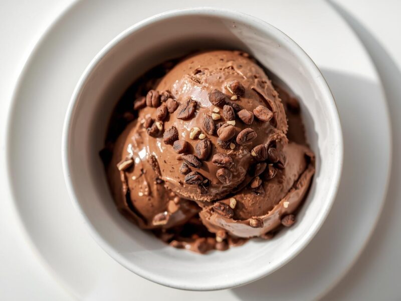 Chocolate banana nice cream in a bowl topped with cacao nibs