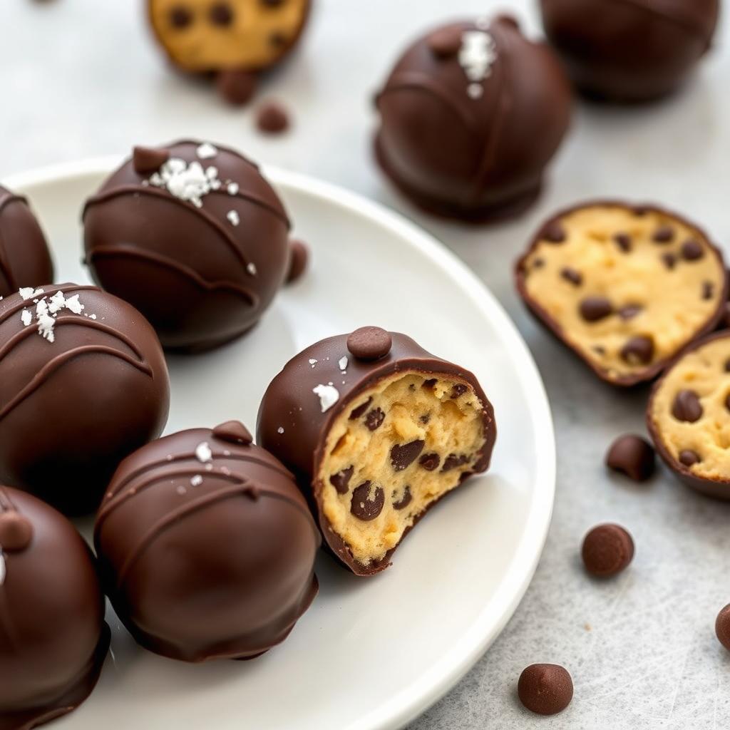 Chocolate chip cookie dough truffles on a plate