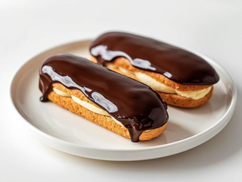 Chocolate éclairs with glossy chocolate glaze and cream filling