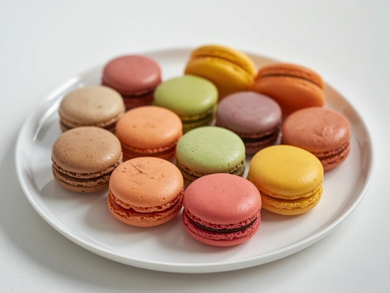Colorful French macarons in various flavors arranged in a pattern