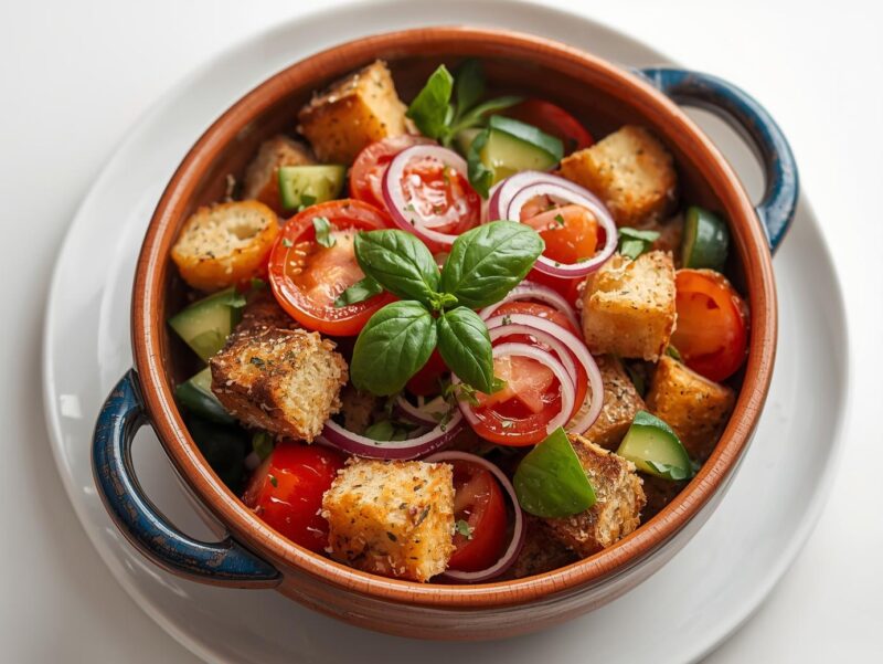 Colorful Tuscan panzanella salad with chunks of bread, tomatoes, cucumbers, red onion, and basil in a rustic bowl