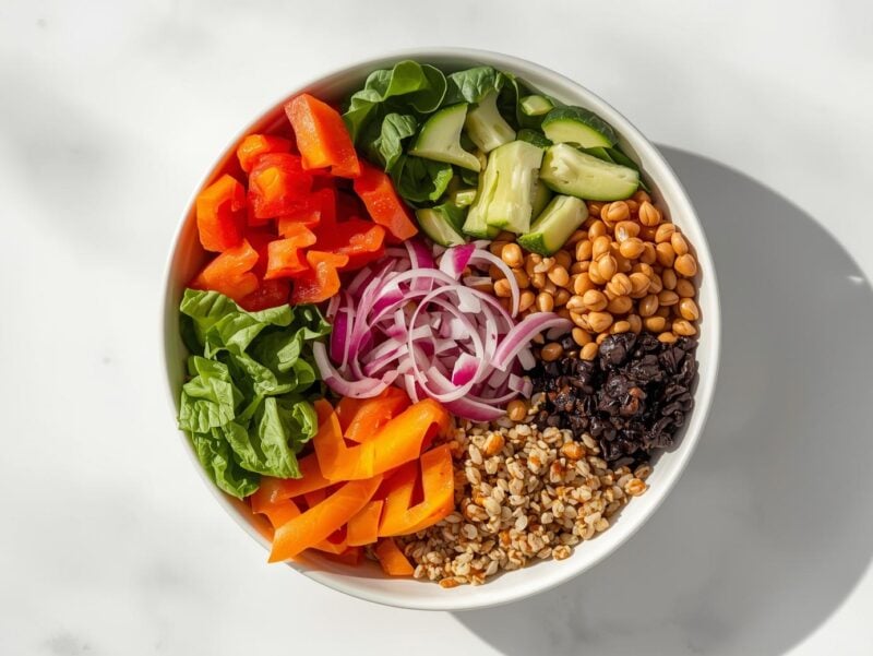 Colorful anti-inflammatory buddha bowl with various vegetables and grains