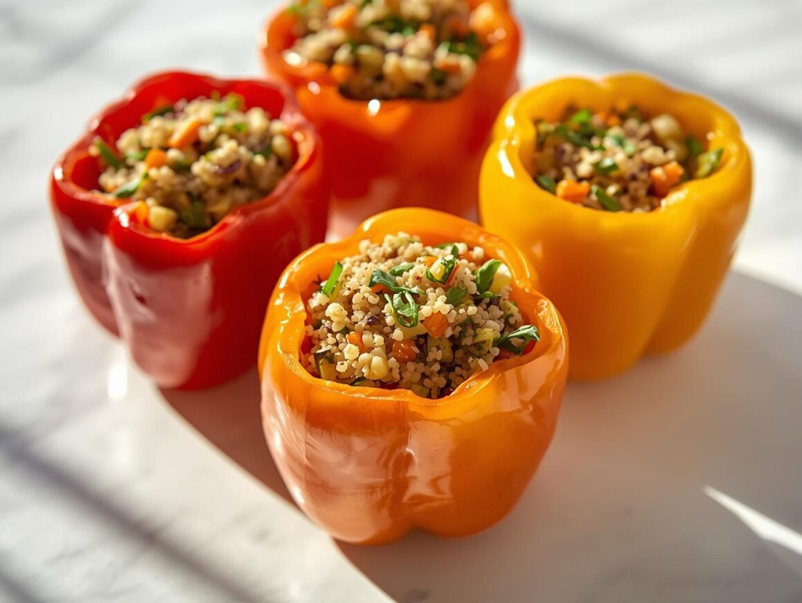 Colorful bell peppers stuffed with quinoa, vegetables and herbs