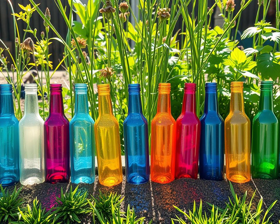 Colorful glass bottle garden border catching sunlight