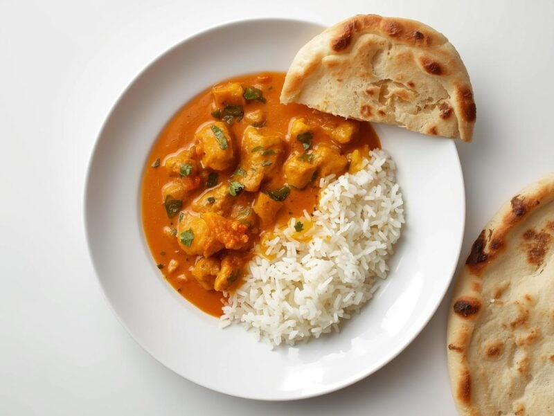 Creamy butter chicken curry served with naan bread and rice, one of the most popular 10 Indian curry recipes