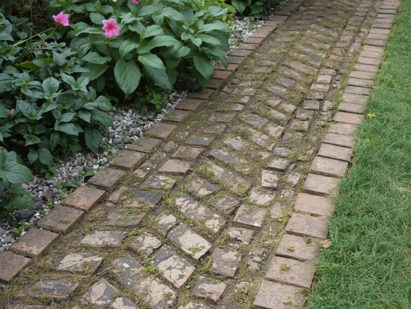 Garden pathway made from recycled bricks in a herringbone pattern