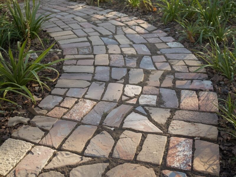 Garden pathway made from recycled bricks in various patterns