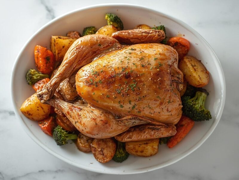 Garlic herb roasted chicken with vegetables on a serving platter
