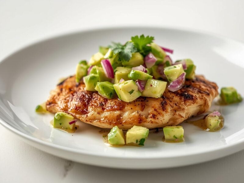 Grilled chicken breast topped with fresh avocado salsa