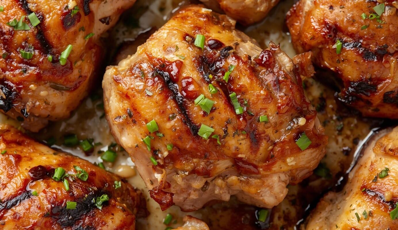 Grilled marinated chicken thighs with charred edges and visible herbs and spices