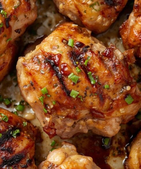 Grilled marinated chicken thighs with charred edges and visible herbs and spices