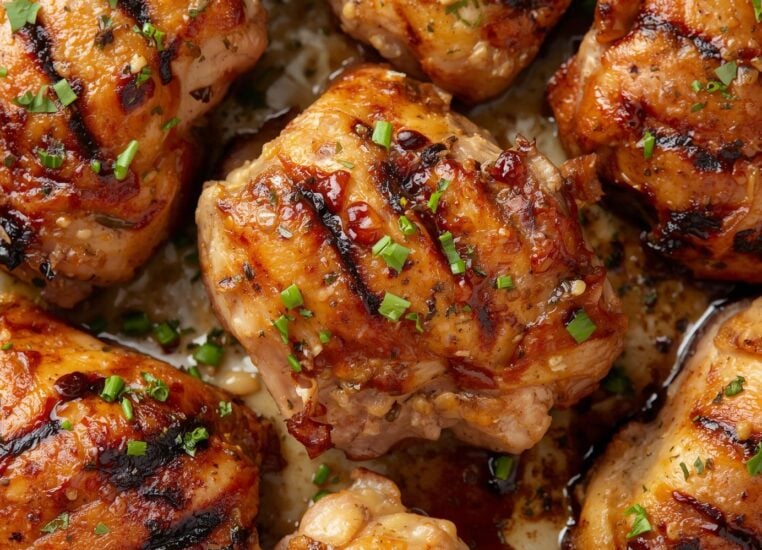Grilled marinated chicken thighs with charred edges and visible herbs and spices