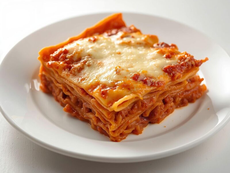 Homemade lasagna with layers of pasta, rich meat sauce, and creamy béchamel, with a golden, bubbly cheese top