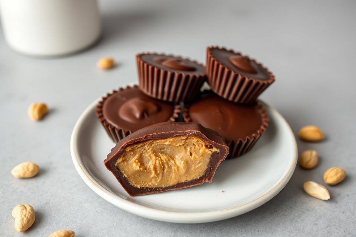 Homemade vegan peanut butter cups on a plate with one cut in half