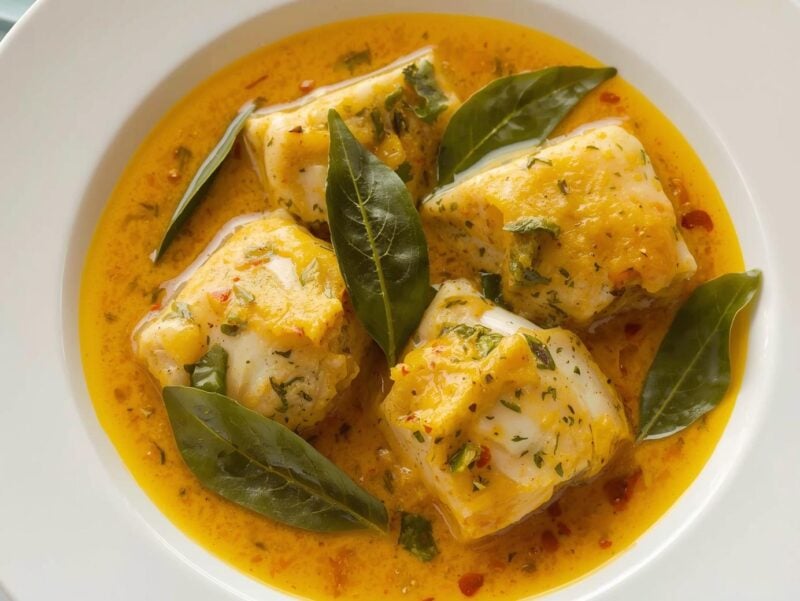 Kerala Fish Curry with fish fillets in a coconut-based sauce with curry leaves, a South Indian specialty in 10 Indian curry recipes