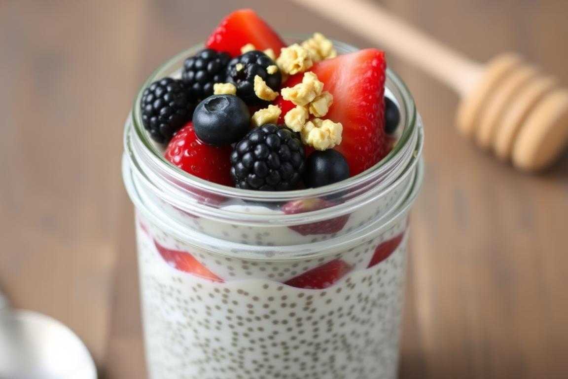 Layered chia pudding with berries and nuts in a glass jar
