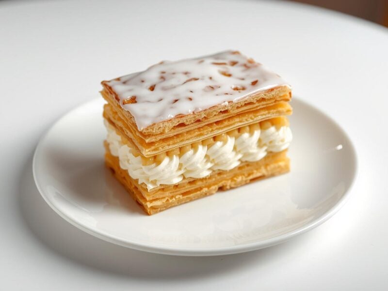 Mille-feuille with layers of puff pastry, pastry cream, and icing