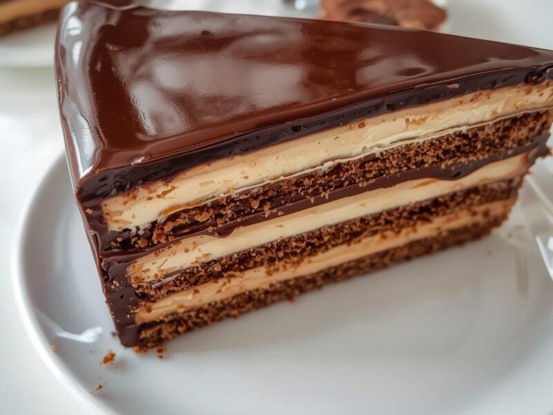 Opera cake showing multiple thin layers of almond sponge, coffee buttercream, and chocolate ganache