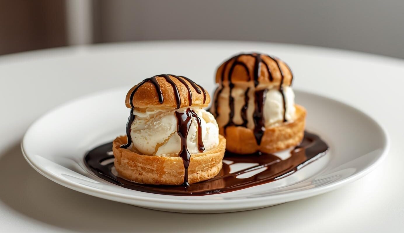 Profiteroles filled with ice cream and drizzled with chocolate sauce