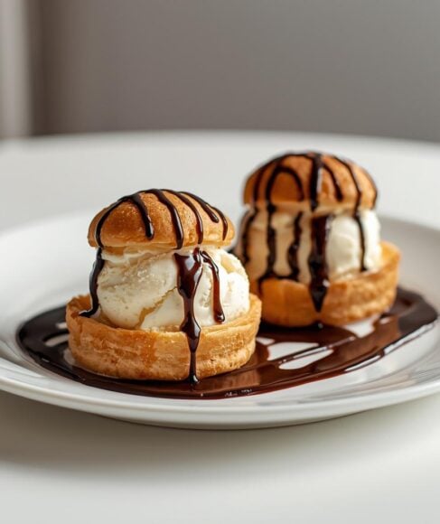 Profiteroles filled with ice cream and drizzled with chocolate sauce