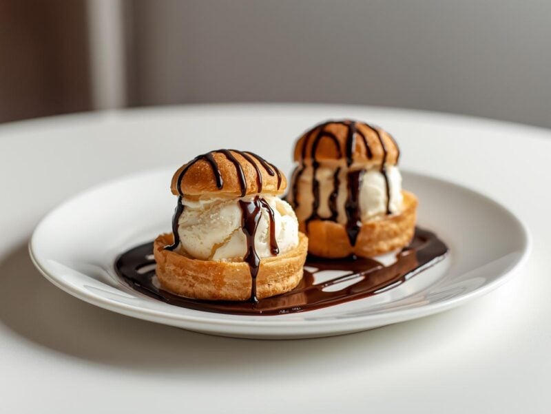 Profiteroles filled with ice cream and drizzled with chocolate sauce